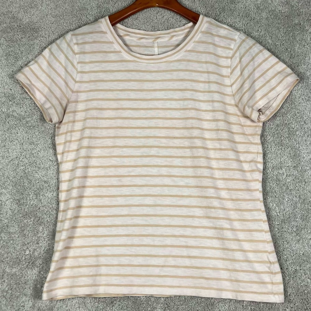J. Crew Womens Medium Tan White Striped Short Sleeve Crew Neck Cotton Faded